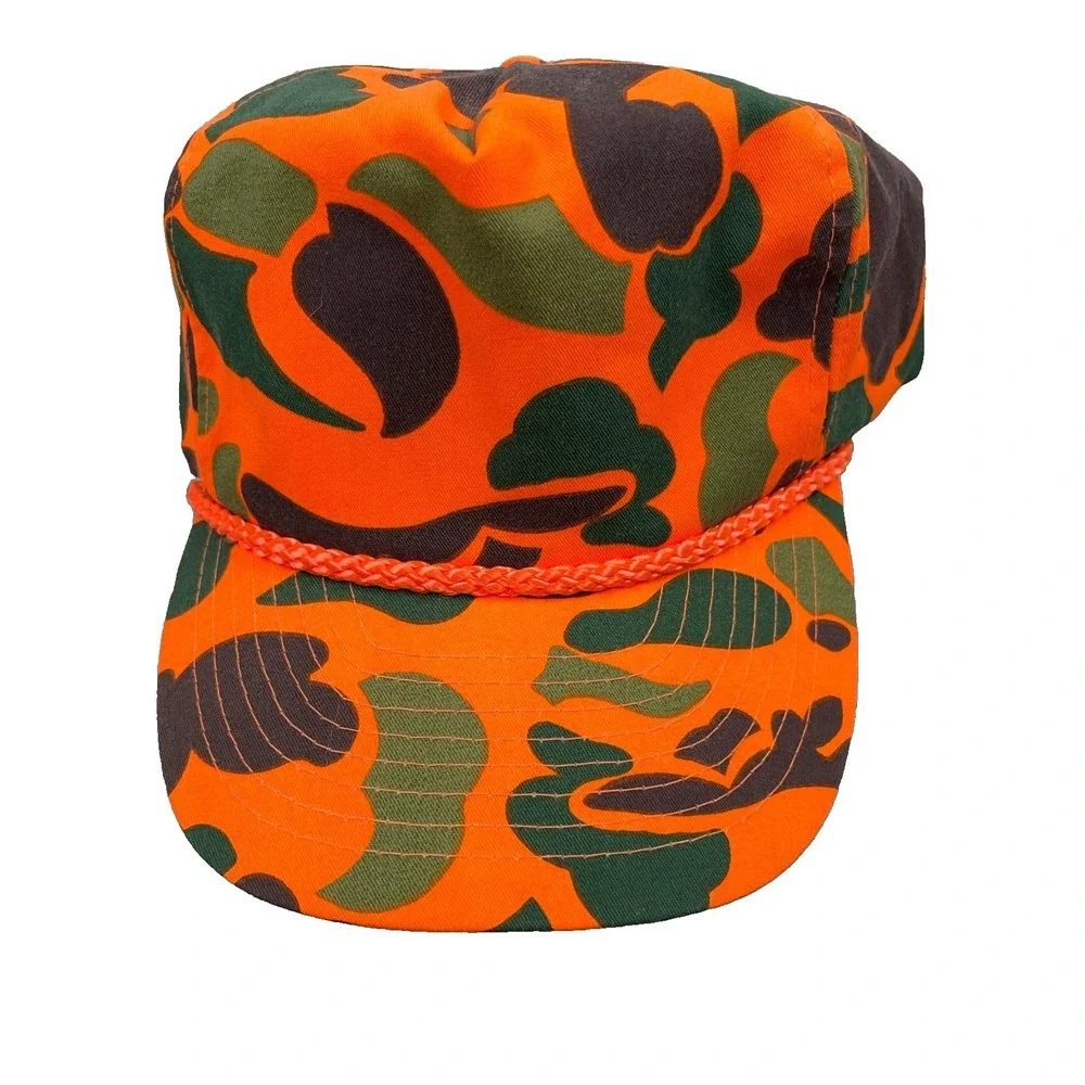Vintage Camo Trucker Hat Cap Snapback Blaze Orange Rope 90s Bubble Nissin